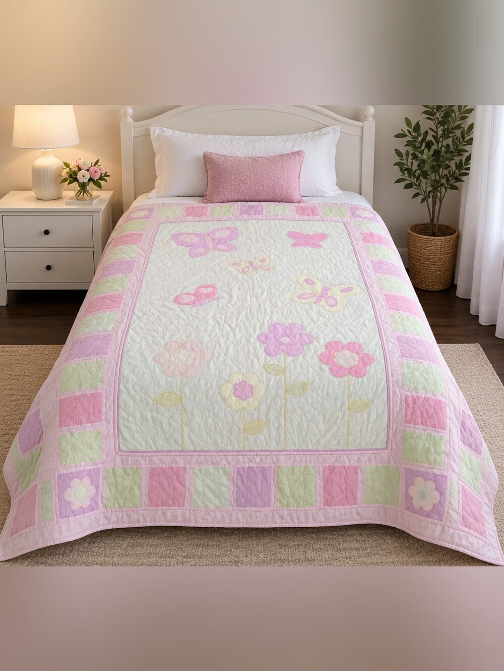 Floral & Butterfly Quilted Bedspread - Pink and Cream